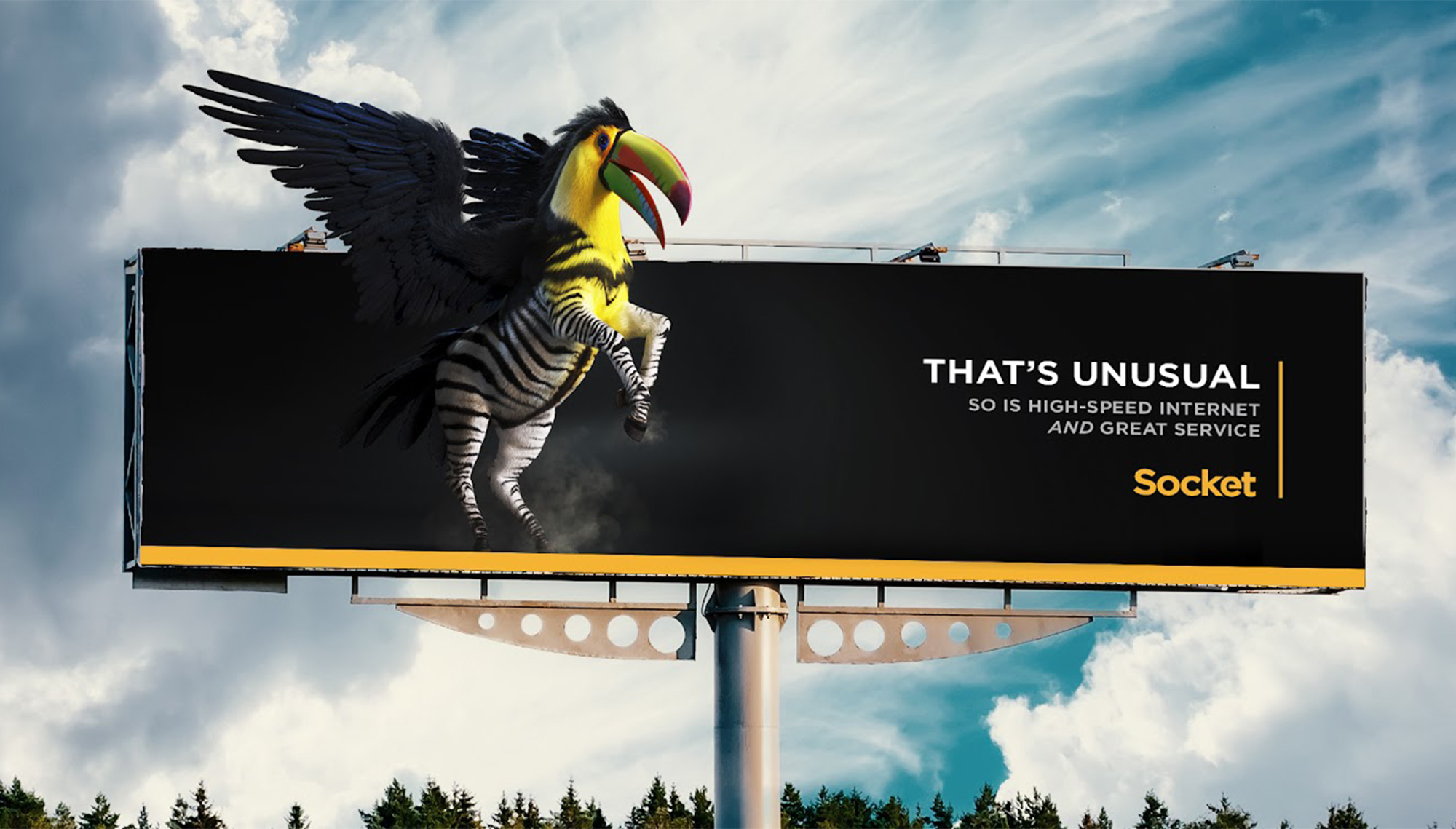 A digital image of a billboard advertisement depicting the zebra morphed with the black wings and beak of a toucan bird. 