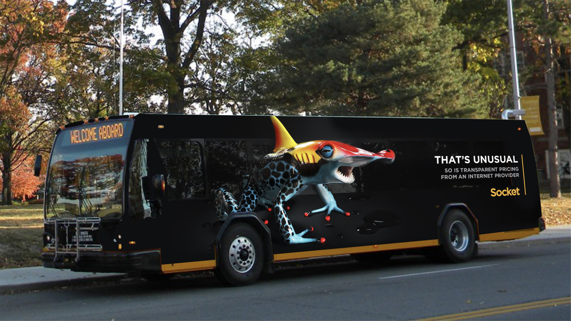A public bus with a large advertisement depicting the frog morphed together with a shark fin. 