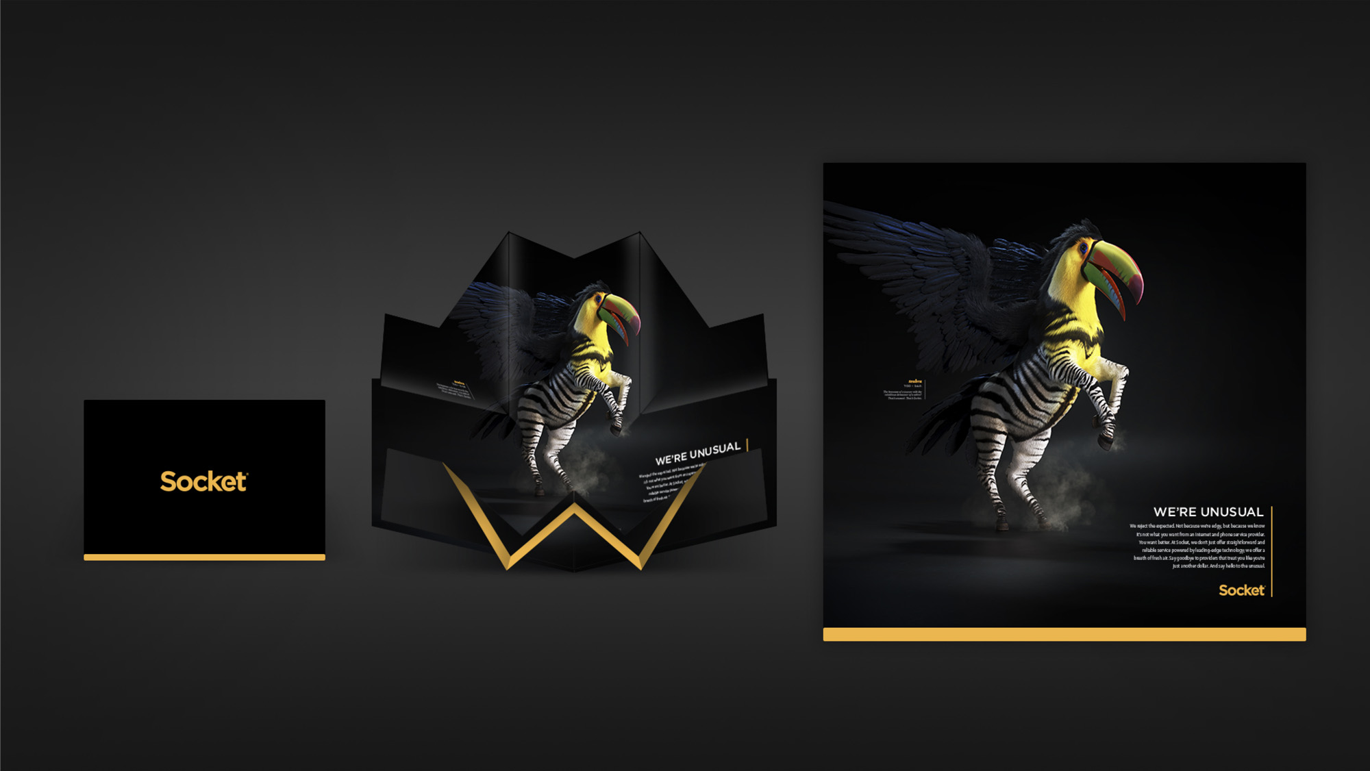 Various print advertisements depicting the zebra morphed together with the black wings and beak of a toucan bird. 
