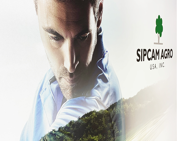 A close-up of a man's face next to the Sipcam Agro logo.