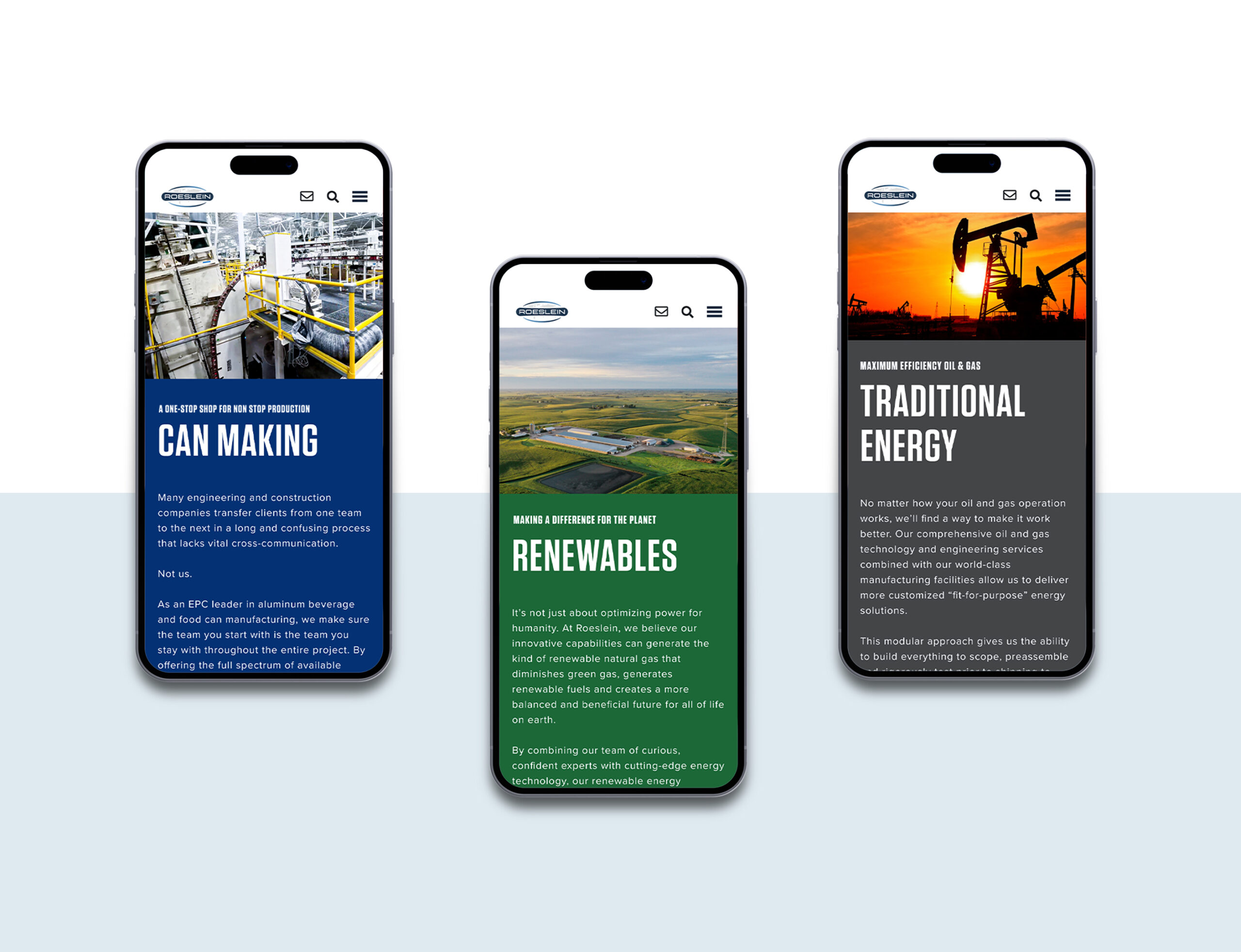 Three mobile phones showing the Roeslein Can Making, Renewable Energy and Traditional Energy pages. 