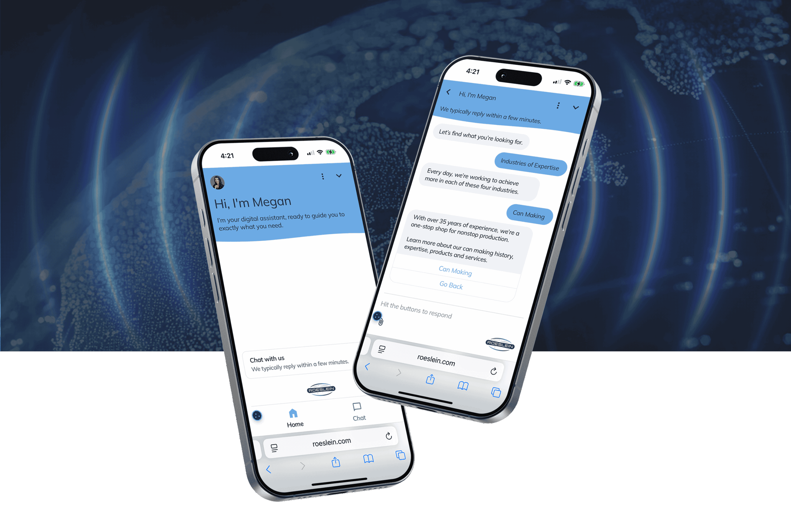 Two cell phones showing the Roeslein interactive chatbot. 